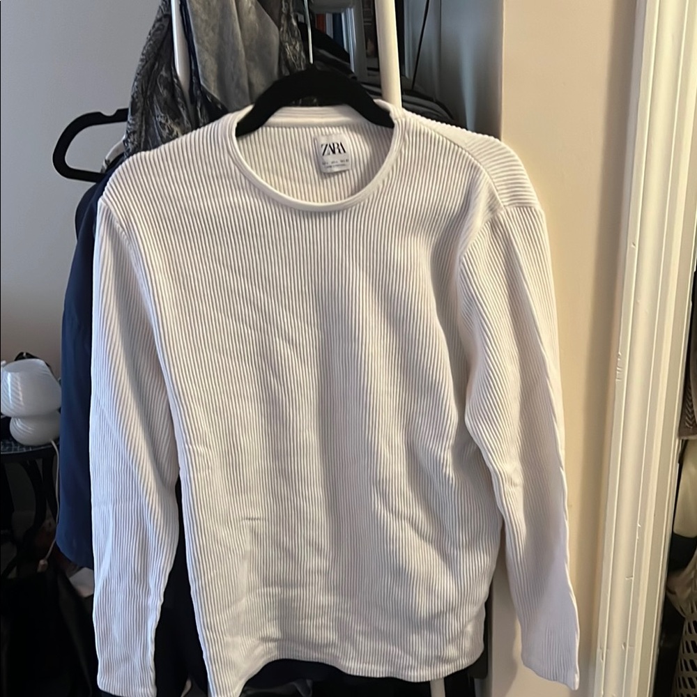 Zara White Ribbed Long Sleeve Top